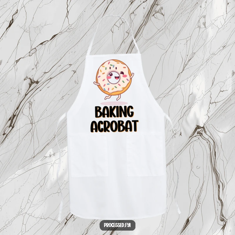 Funny donut apron, giddy donut chef doing a cartwheel, practical kitchen wear with a sweet twist.