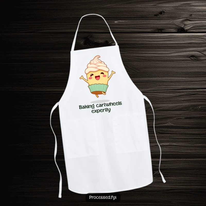 Funny apron showcasing a happy cupcake with frosting, performing a joyful, energetic cartwheel.