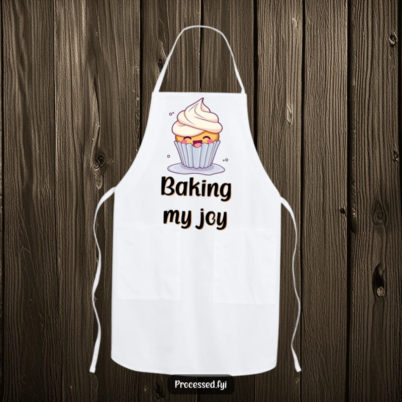 Funny Giggle Cupcake Apron: A happy, giggling cupcake with overflowing frosting, spinning playfully while baking.