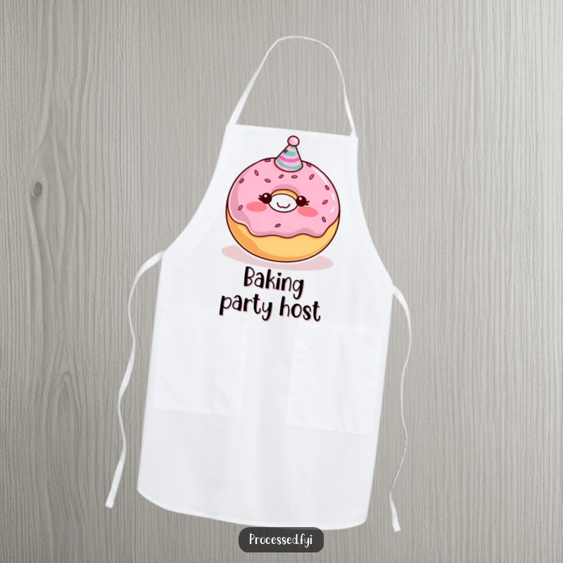 Funny Donut Apron featuring a blushing character with a party hat, perfect for baking with a sweet and humorous twist.