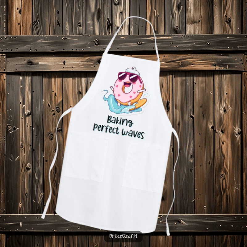 Funny apron featuring a cartoon donut with sunglasses surfing a frosting wave, perfect for a sweet baker.