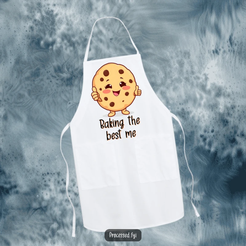 Funny cookie character apron with a winking anthropomorphic cookie giving a thumbs-up, perfect for cheerful cooking and baking adventures.