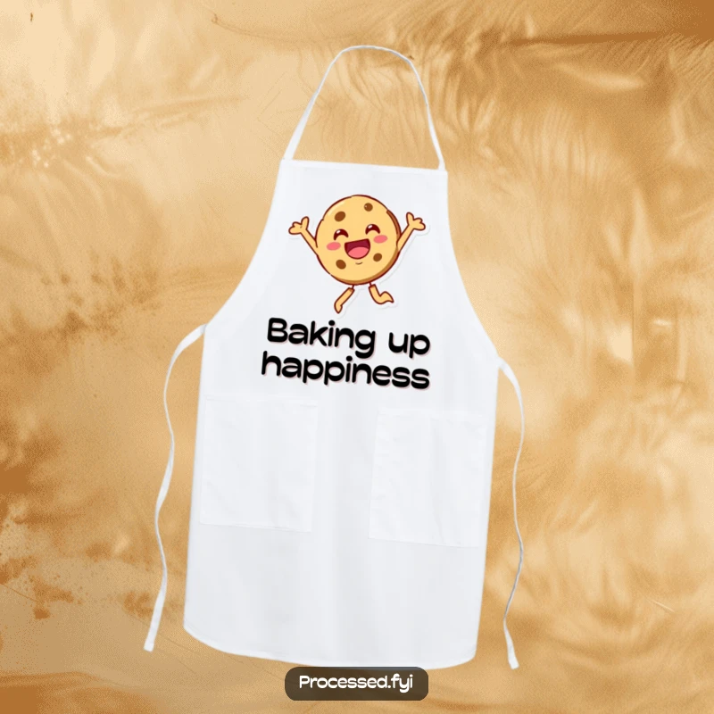 Funny cookie character, beaming and leaping joyfully, ready for baking fun. A protective and sweet apron.