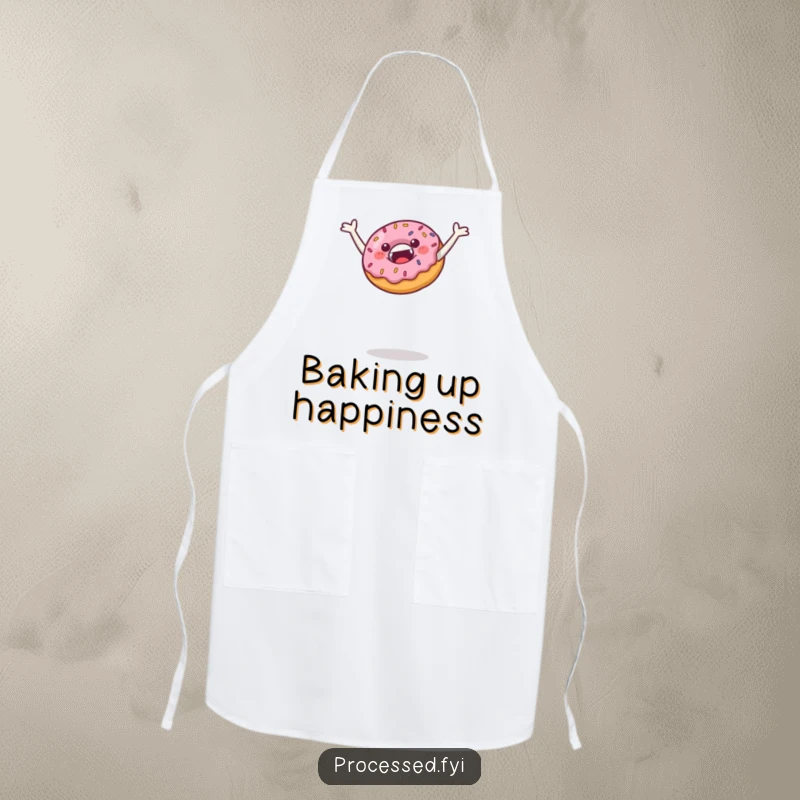 Funny apron featuring a jubilant donut with sprinkles leaping high, perfect for adding a playful and humorous element to kitchen activities.