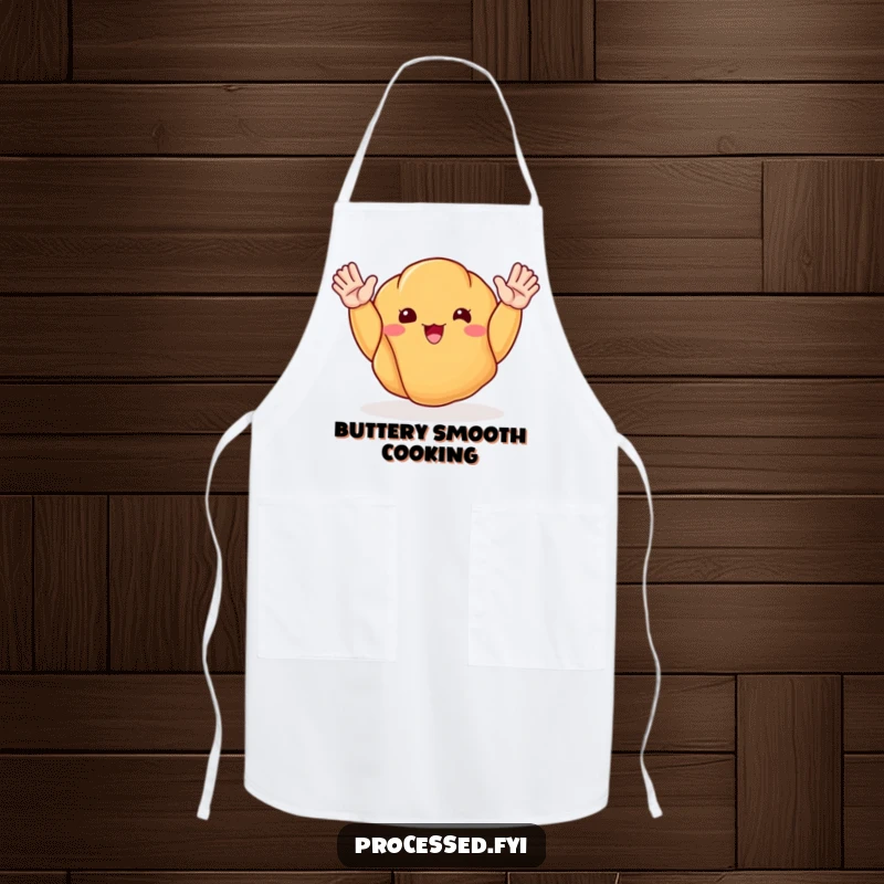 Funny apron showcasing a happy croissant with arms waving, perfect for cooks who want to add humor to the kitchen.