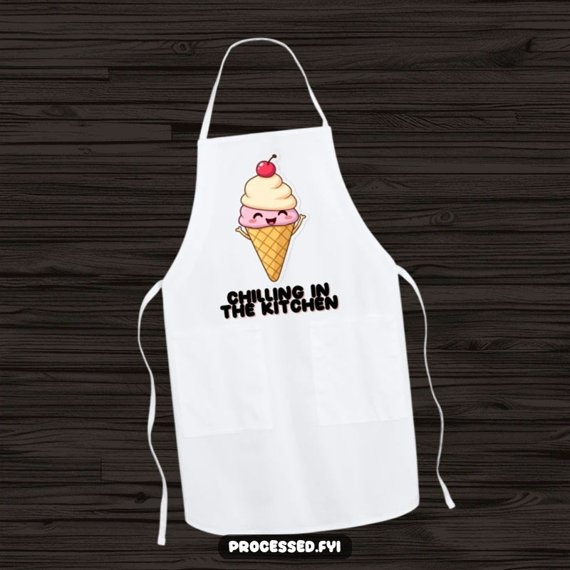 Funny apron showcasing a smiling ice cream cone with a cherry, happily shimmying with pure, frozen, delightful joy.