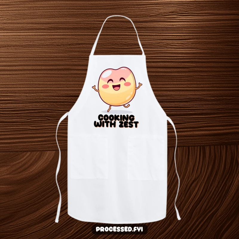 Funny wobbly jelly bean with a wide grin hopping joyfully, a humorous and practical apron for cooking.