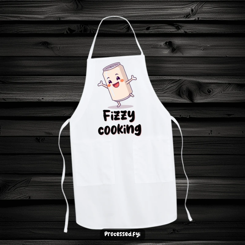 Funny apron with a cheerful anthropomorphic soda can performing a cartwheel, perfect for energetic chefs and party hosts.