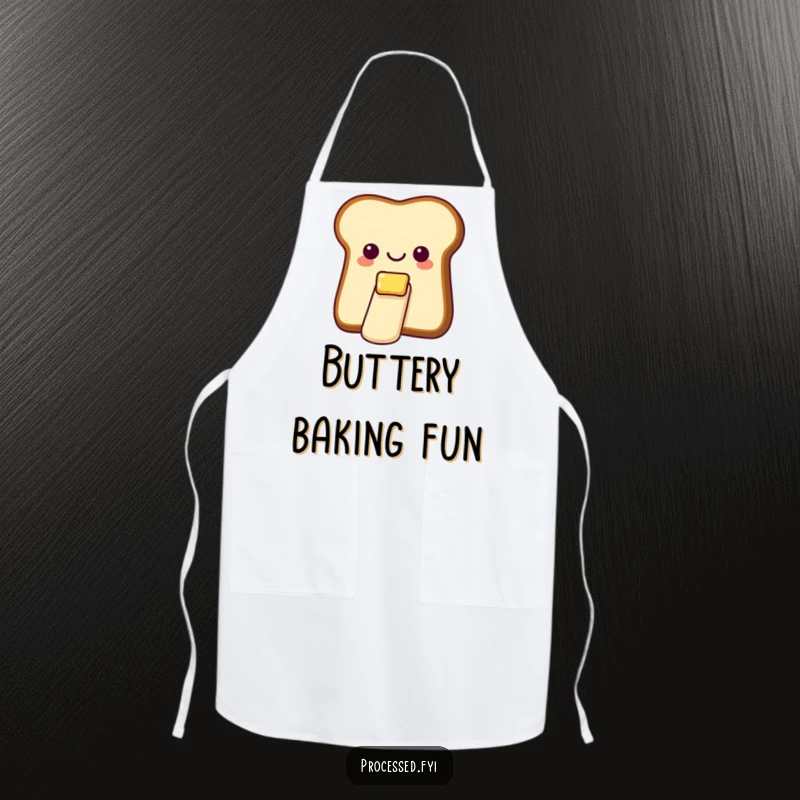 Funny apron showcasing a cheerful bread slice with butter, gleefully sliding down a tiny, smooth butter slide.