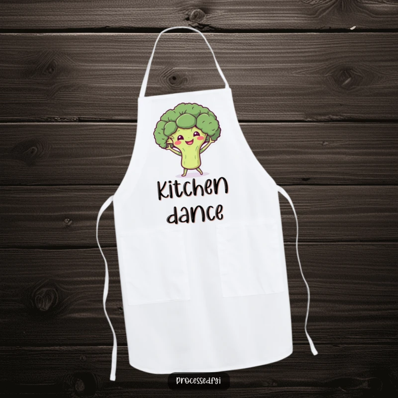 Funny apron showcasing a smiling broccoli character doing a little dance with tiny arms, ideal for cooks who love healthy food and fun.