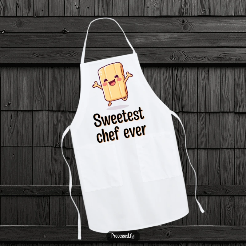 Funny apron showcasing a wiggling candy bar in its wrapper, joyfully jumping with pure, unadulterated, sweet delight.