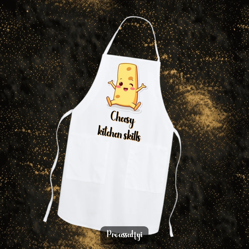 Funny cheese wedge character, doing a split with a surprised grin, ready for kitchen duty. A protective and amusing apron.