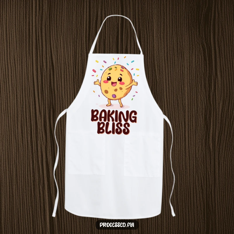 Funny apron depicting a happy anthropomorphic cookie juggling colorful sprinkles, ready to add sweetness and fun to baking.