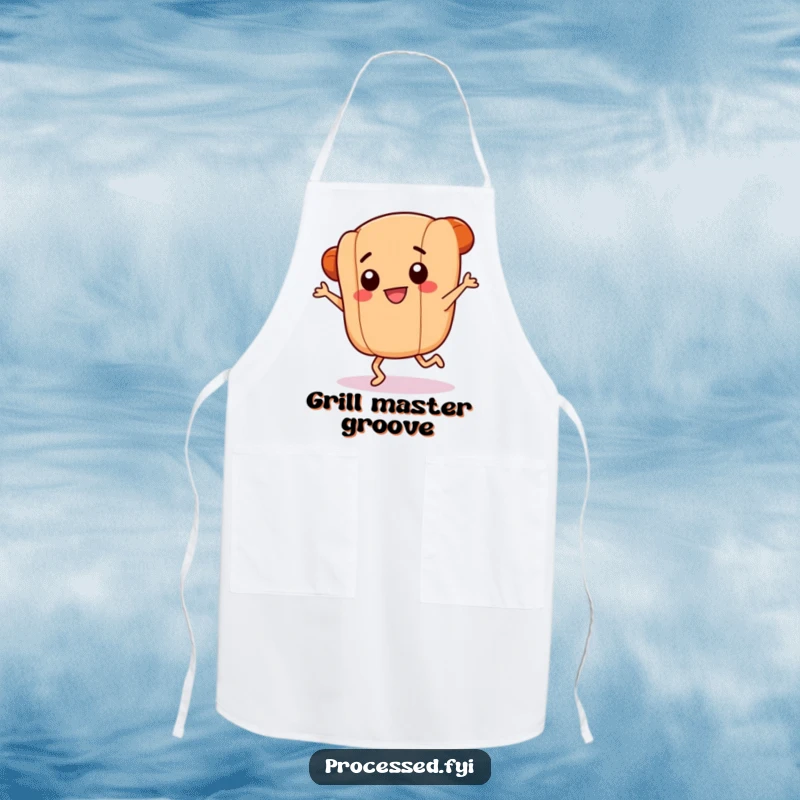 Funny apron featuring a smiling hotdog link with tiny legs in a frantic dance, perfect for adding a playful and humorous element to kitchen activities.