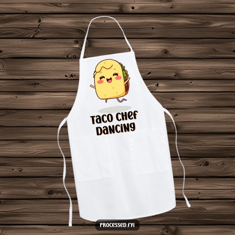Funny apron with a smiling taco with legs dancing joyfully, ideal for a fun and flavorful cooking experience.