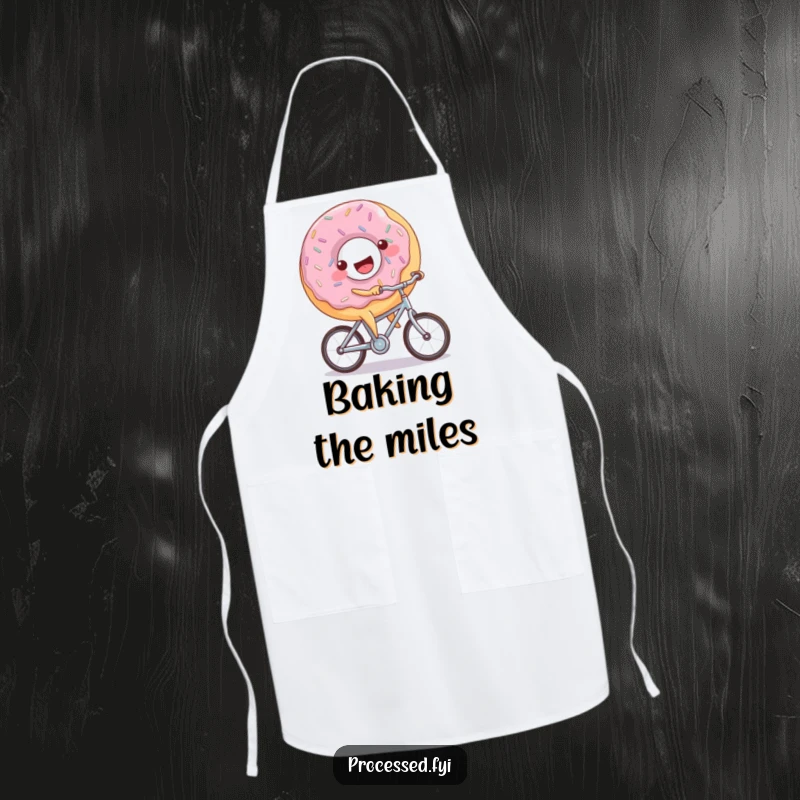Funny donut bicycle apron depicting a joyful donut with sprinkles happily riding a small bicycle, ready for kitchen fun.