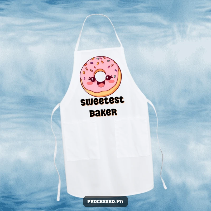 Funny apron featuring a delighted donut with sprinkles, playfully winking, perfect for bakers and home cooks who love sweet humor.