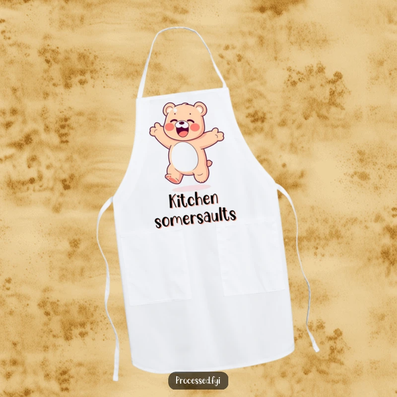 Funny Gummy Bear Apron: A bouncy, colorful gummy bear performing an exaggerated, happy somersault while cooking.