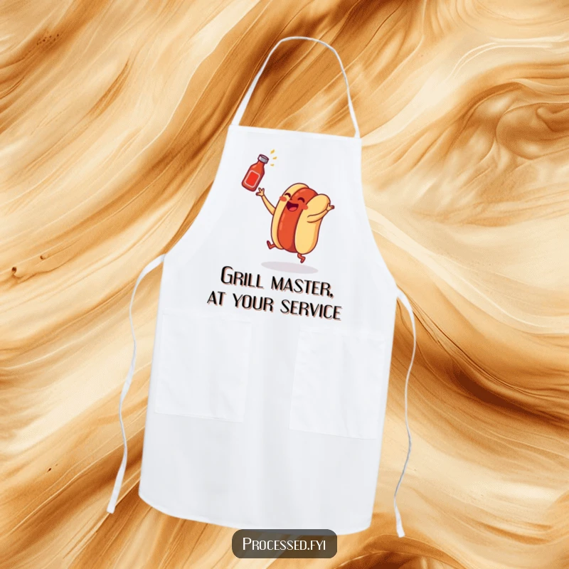 Funny hot dog apron print of a dancing wiener in a bun tossing a ketchup bottle, perfect for kitchen fun.