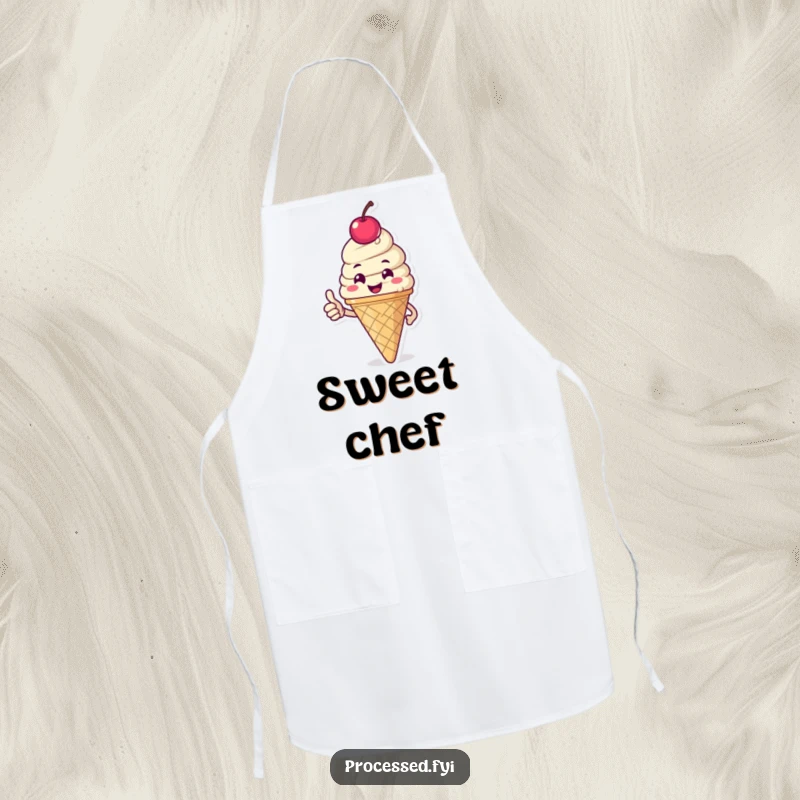 Funny apron showcasing a happy ice cream cone with a cherry, giving a thumbs-up, ideal for bakers who love desserts and fun.