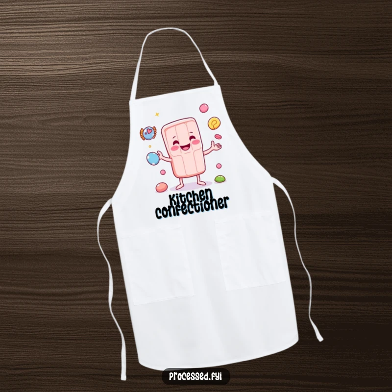 Funny apron showcasing a smiling anthropomorphic candy bar juggling small sweets, perfect for kitchen fun.