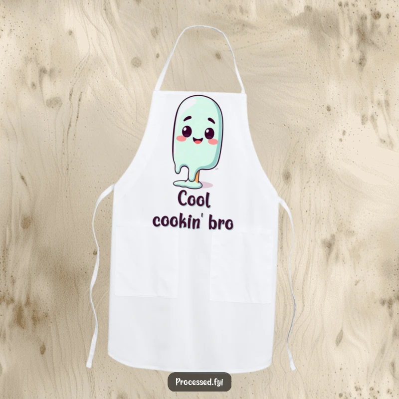 Funny apron featuring a curious melting popsicle with a happy, surprised face, a humorous and functional kitchen accessory.