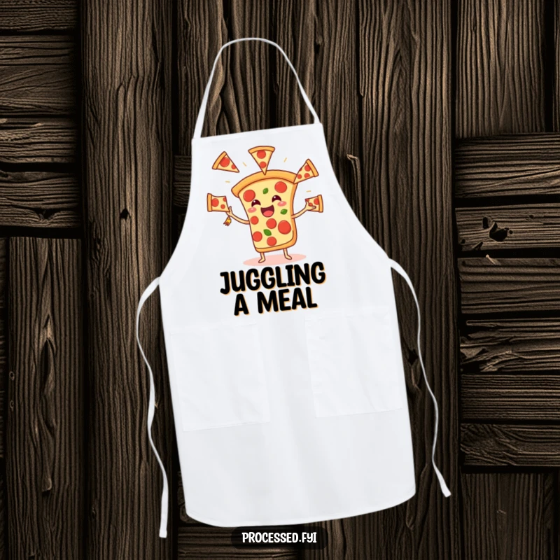 Funny Pizza Juggling Apron, featuring a happy pizza slice tossing pepperoni slices, ideal for humorous cooking sessions.