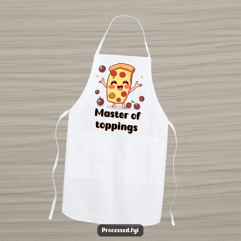 Funny pizza slice character, juggling olives with a smile, ready for kitchen duty. A protective and amusing apron.