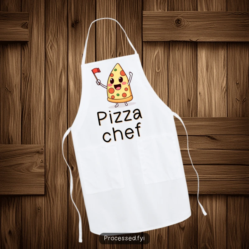 Funny apron depicting a delighted anthropomorphic pizza slice joyfully waving a tiny flag, ready to add fun to cooking.