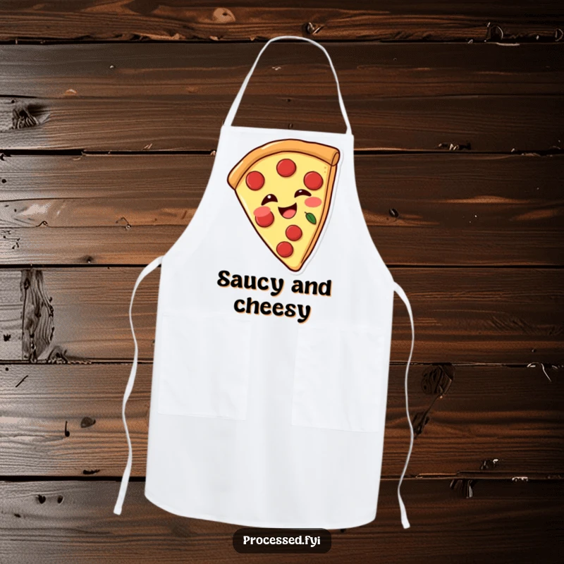 Funny apron with a joyful pizza slice with pepperoni, winking playfully, great for kitchen activities