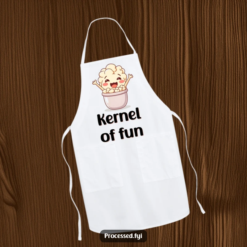 Funny popcorn character energetically popping out of a small pot, perfect for protecting your clothes with humor.
