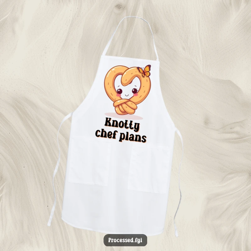 Funny apron with a curious pretzel and a happy knot, looking at a tiny butterfly, perfect for a whimsical cooking experience.