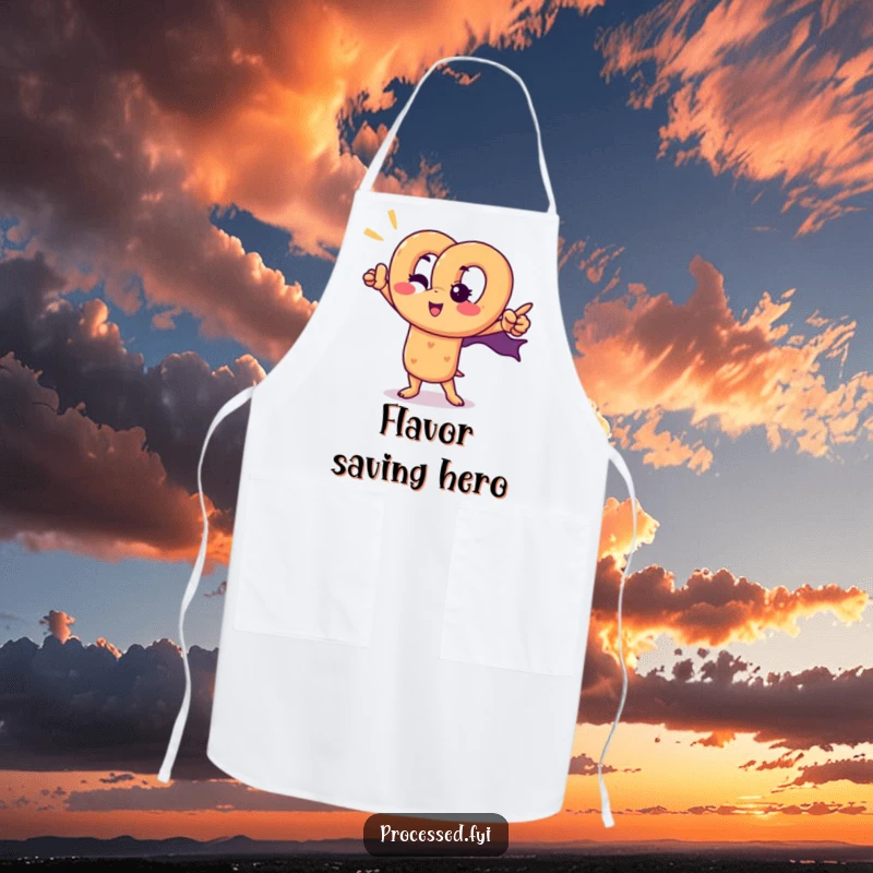 Funny pretzel superhero apron depicting a winking pretzel character in a heroic pose, ready to tackle any kitchen challenge.
