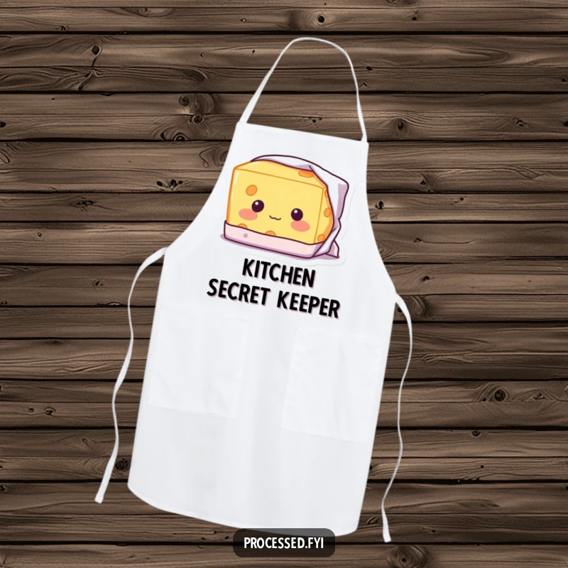 Funny Shy Cheese Apron: A blushing block of cheese with a shy smile, peeking from its wrapper while cooking.