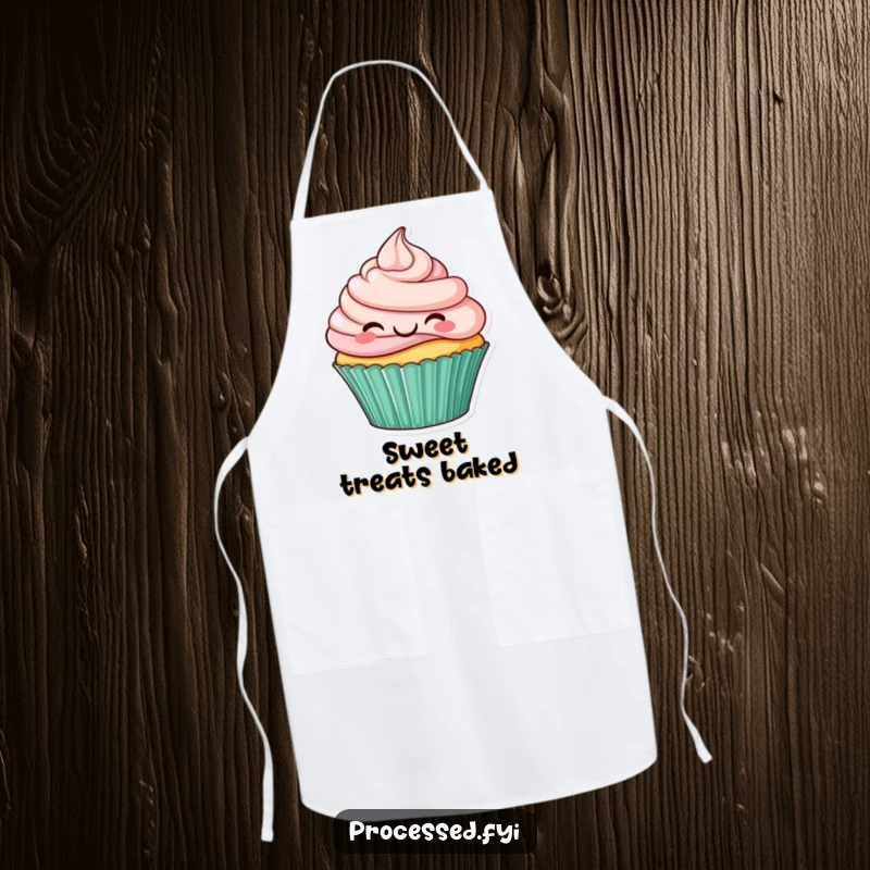 Funny apron showcasing a smiling cupcake hopping with joy, perfect for bakers who want to add humor to the kitchen.
