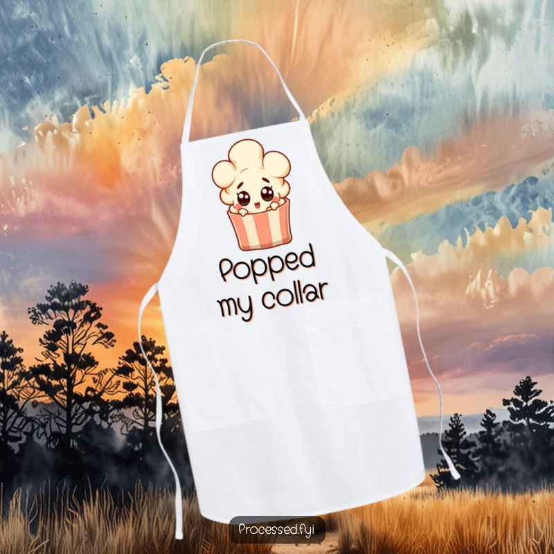 Funny popcorn kernel character popping out of a bag with wide surprised eyes, a practical and funny apron for cooking.