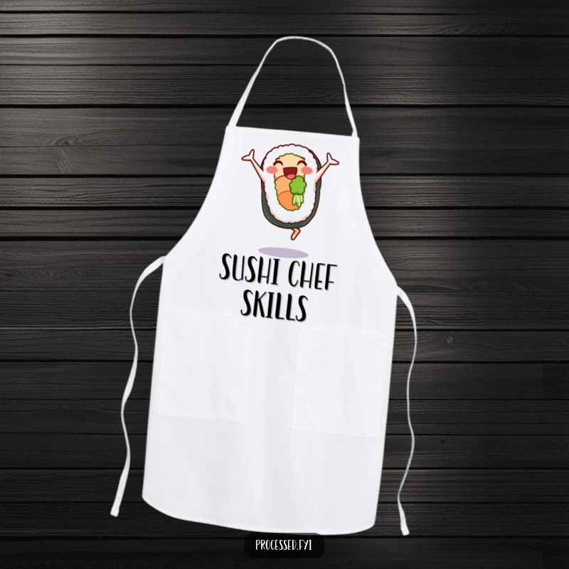 Funny apron featuring a delighted sushi roll character doing cartwheels, a humorous and functional accessory for the kitchen.