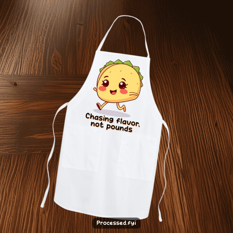 Funny smiling taco with tiny legs jogging determinedly, a humorous and practical apron for cooking.