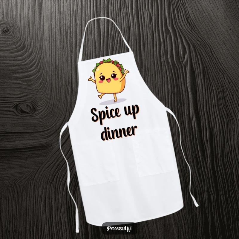 Funny apron depicting a sassy taco with legs salsa dancing, ideal for a fun and flavorful cooking experience.