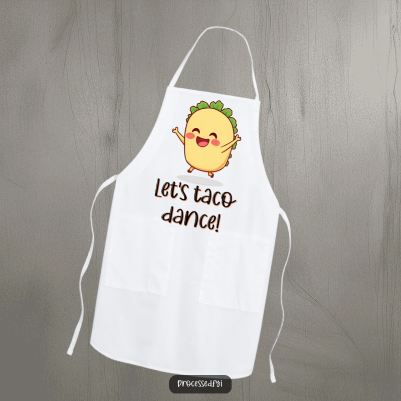 Funny anthropomorphic Taco Apron grinning and dancing with tiny legs, ideal for protecting clothes while cooking with a dose of joyful food humor.