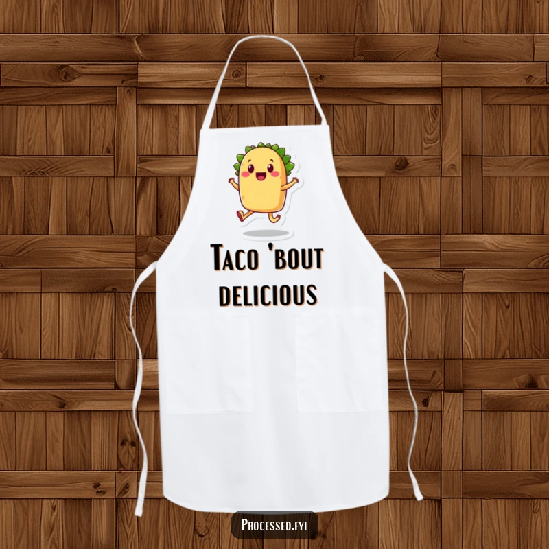 Funny taco apron, a smiling anthropomorphic food character with legs, joyfully skipping.