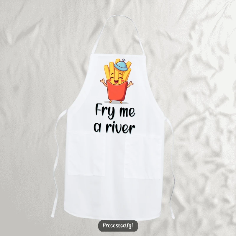 Funny winking french fry character in a tiny hat giving a jaunty salute, a durable and funny apron for chefs.