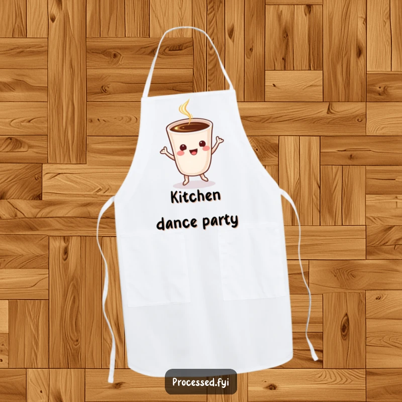 Funny cheerful coffee cup performing a lively jig, featured on a practical and humorous apron for cooking.