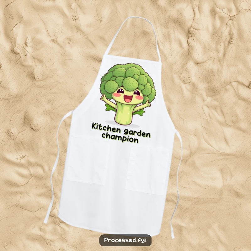 Funny broccoli apron print of a happy floret enthusiastically waving its leaves, adding humor to cooking and baking.