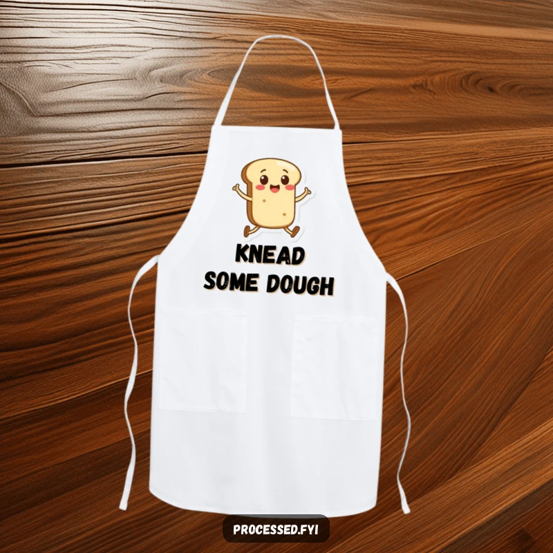 Funny apron depicting an anthropomorphic bread roll with legs skipping joyfully, ready to help create delicious and fun meals.