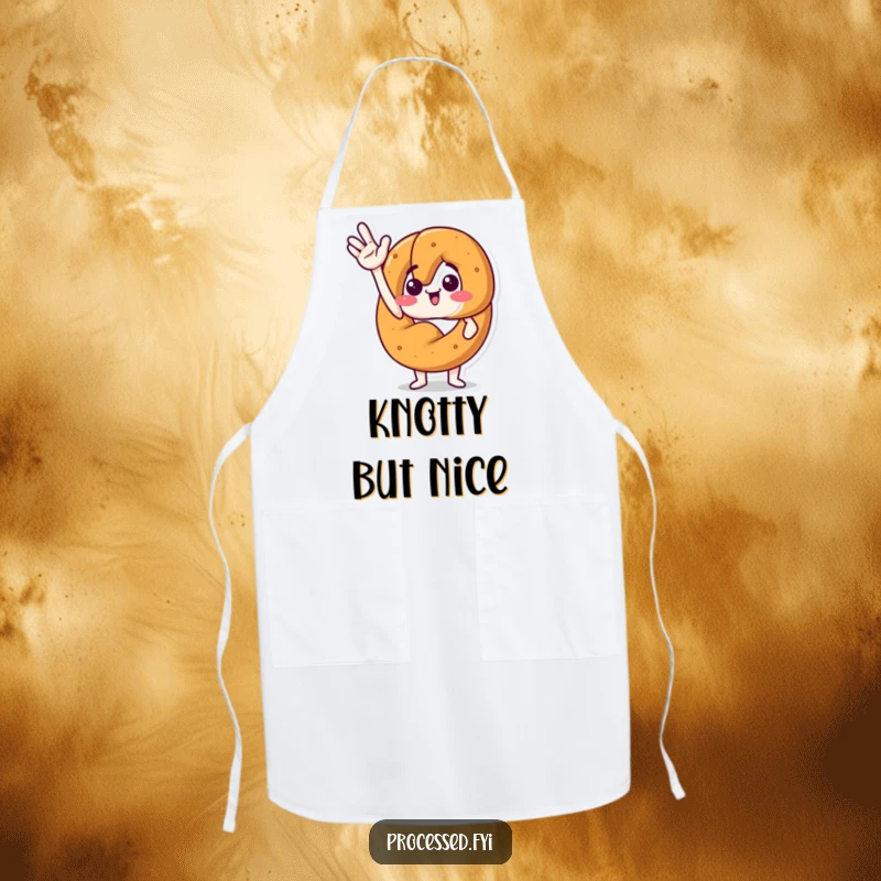 Funny apron showcasing a happy anthropomorphic pretzel waving with excitement, perfect for kitchen fun.