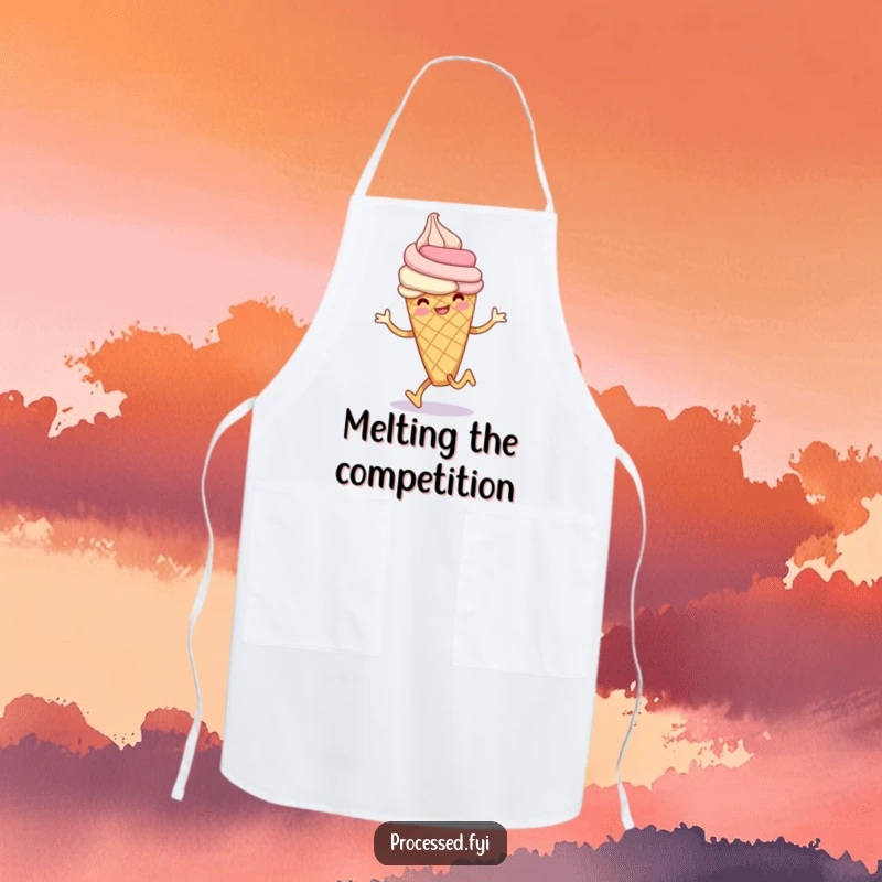 Funny ice cream cone apron depicting a smiling anthropomorphic ice cream cone doing a playful hop, ready for kitchen fun.