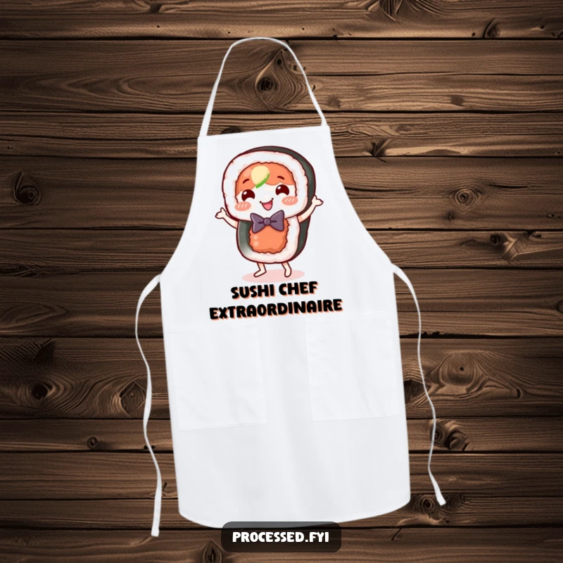 Funny sushi roll apron, a happy food character in a bow tie, doing a joyful little dance.