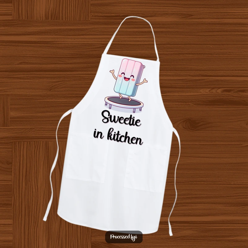 Funny apron depicting a happy anthropomorphic candy bar bouncing on a trampoline, ready to add fun to any kitchen task.