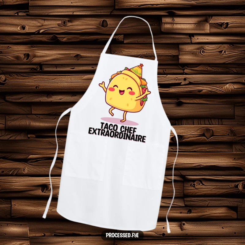 Funny apron showing a smiling taco with legs, wearing a tiny sombrero, doing a jig, perfect for kitchen adventures